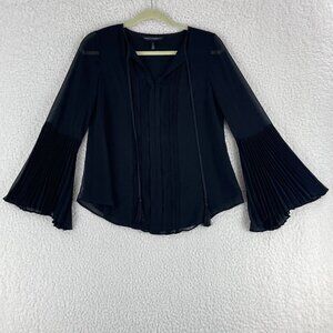 White House‎ Black Market Black Bell Sleeve Shirt Womens Pleated Chiffon Size 0